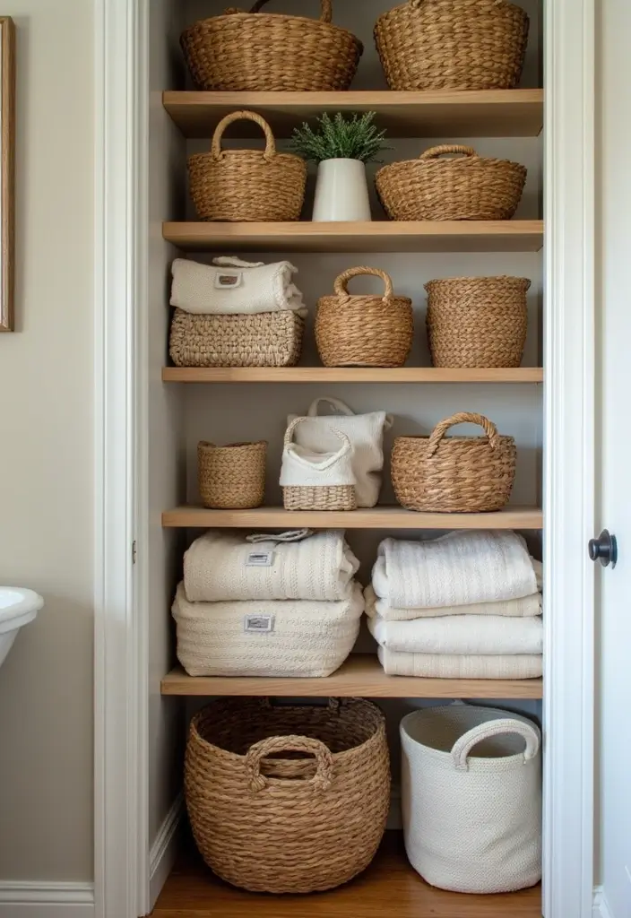 25+ Bathroom Closet Ideas to Organize in Style 1 25+ Bathroom Closet Ideas to Organize in Style - 1. Chic Baskets for a Cozy Feel