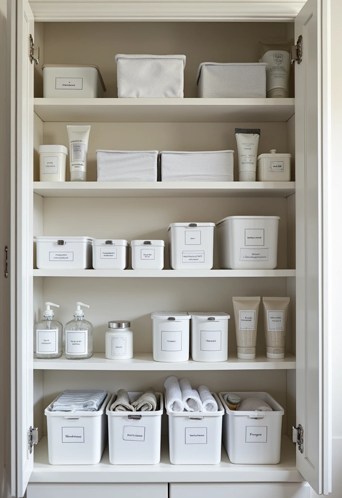 25+ Bathroom Closet Ideas to Organize in Style 12 25+ Bathroom Closet Ideas to Organize in Style - 12. Labeled Containers for Simplified Storage