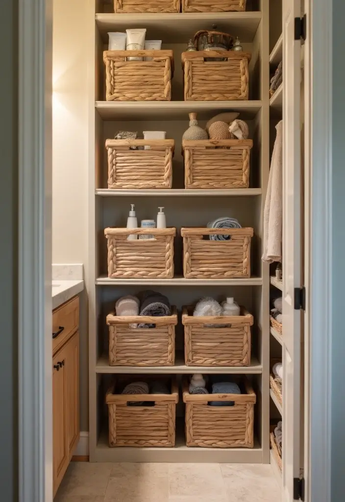 25+ Bathroom Closet Ideas to Organize in Style 15 25+ Bathroom Closet Ideas to Organize in Style - 15. Slatted Wood Storage Bins