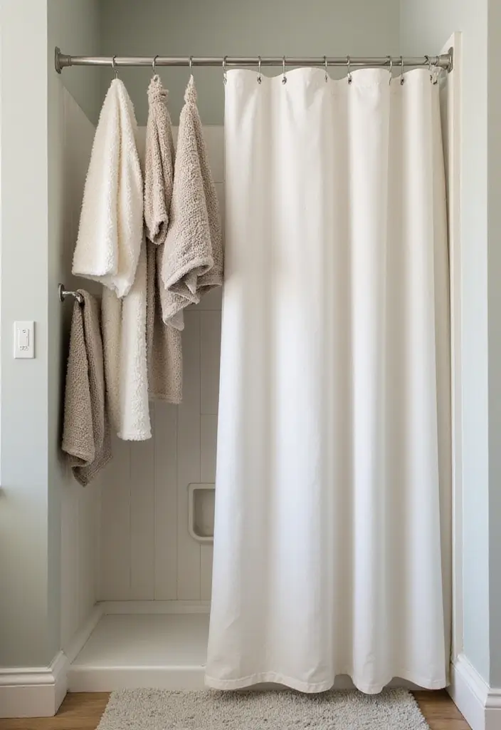25+ Bathroom Closet Ideas to Organize in Style 19 25+ Bathroom Closet Ideas to Organize in Style - 19. Shower Curtain Rod for Extra Hanging Space