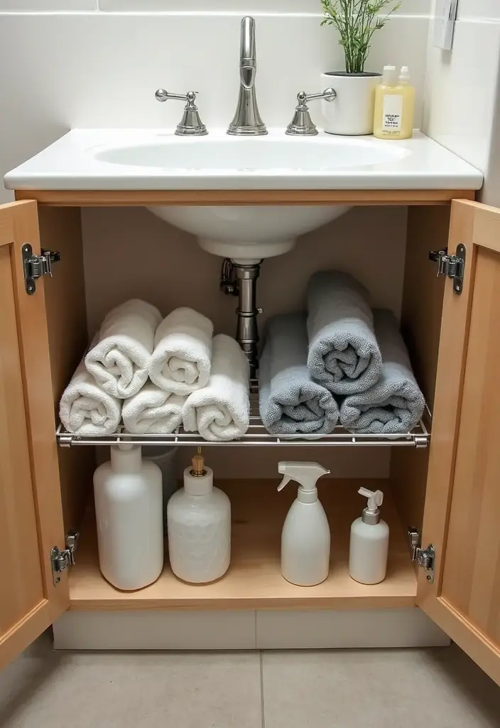 25+ Bathroom Closet Ideas to Organize in Style 21 25+ Bathroom Closet Ideas to Organize in Style - 21. Tension Rods for Under-Sink Storage