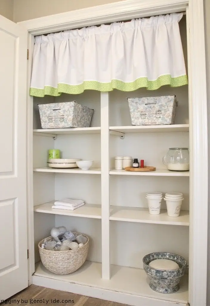 25+ Bathroom Closet Ideas to Organize in Style 22 25+ Bathroom Closet Ideas to Organize in Style - 22. DIY Curtain for Hidden Storage