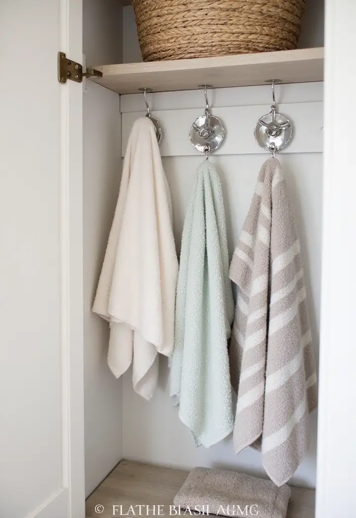 25+ Bathroom Closet Ideas to Organize in Style 25 25+ Bathroom Closet Ideas to Organize in Style - 25. Stylish Hooks for Functional Decor