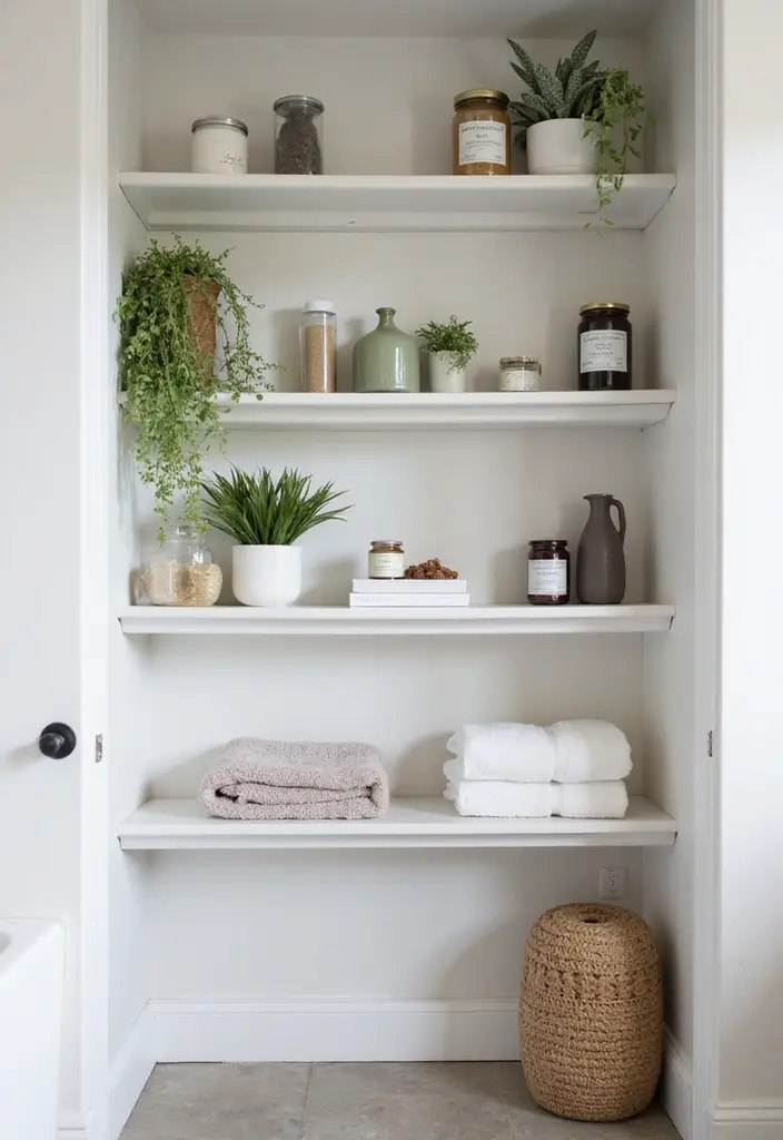 25+ Bathroom Closet Ideas to Organize in Style 3 25+ Bathroom Closet Ideas to Organize in Style - 3. Floating Shelves for an Open Feel