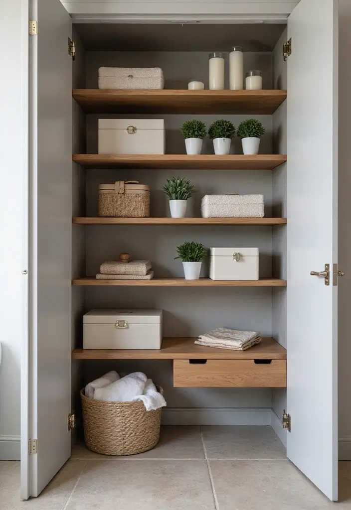 25+ Bathroom Closet Ideas to Organize in Style 6 25+ Bathroom Closet Ideas to Organize in Style - 6. Open Shelving with Decorative Boxes