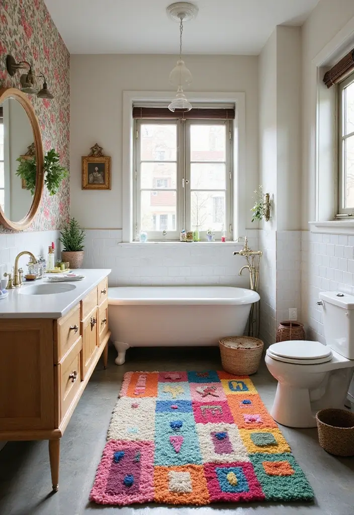 25+ Bathroom Rug Ideas That Pull the Room Together 12 25+ Bathroom Rug Ideas That Pull the Room Together - 12. Eclectic Patchwork Rugs for Individual Style