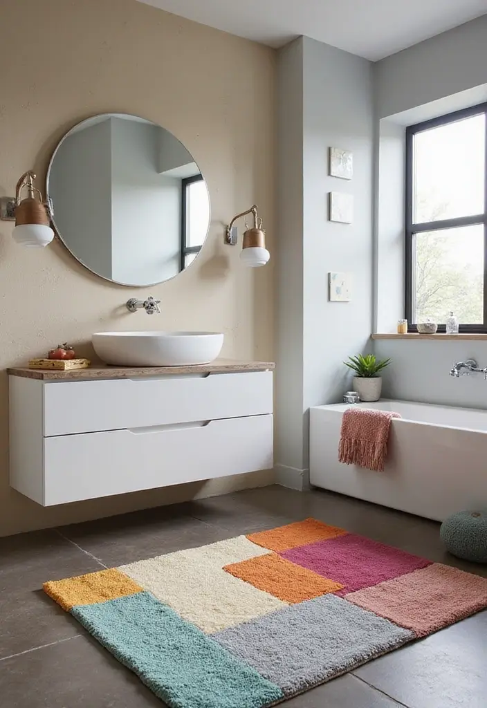 25+ Bathroom Rug Ideas That Pull the Room Together 16 25+ Bathroom Rug Ideas That Pull the Room Together - 16. Color-Blocked Rugs for a Modern Twist