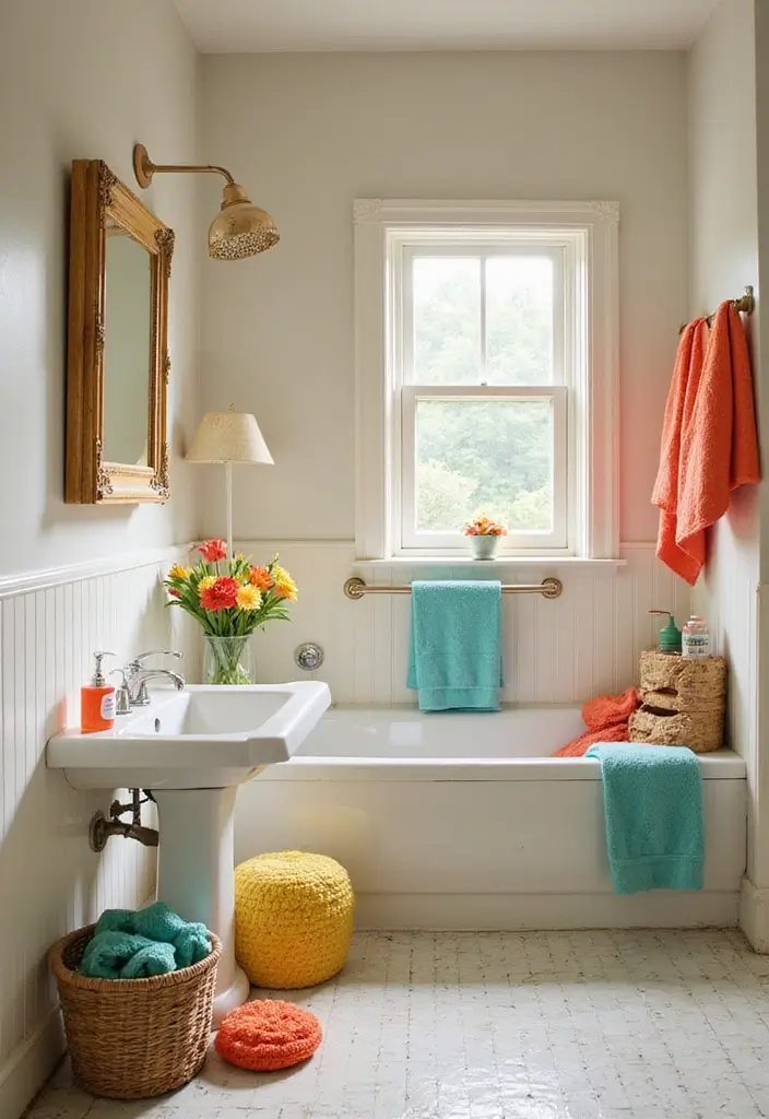 25+ Bathroom Rug Ideas That Pull the Room Together 18 25+ Bathroom Rug Ideas That Pull the Room Together - 18. Brightly Colored Rags for a Curtain Call