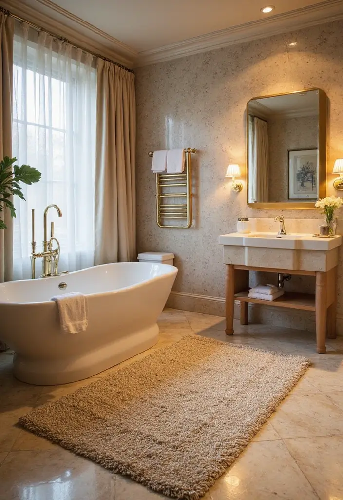 25+ Bathroom Rug Ideas That Pull the Room Together 20 25+ Bathroom Rug Ideas That Pull the Room Together - 20. Shimmering Metallic Rugs for Glamorous Touch