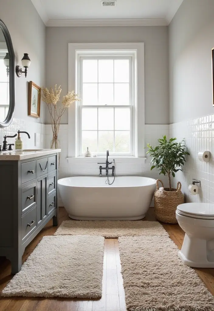 25+ Bathroom Rug Ideas That Pull the Room Together 21 25+ Bathroom Rug Ideas That Pull the Room Together - 21. Layered Rugs for Depth and Texture