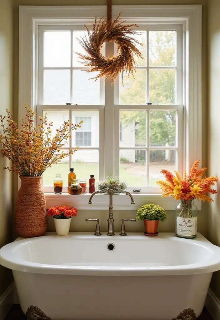 25+ Bathroom with Window Ideas for Natural Light Lovers - 25. Seasonal Decorations by the Window