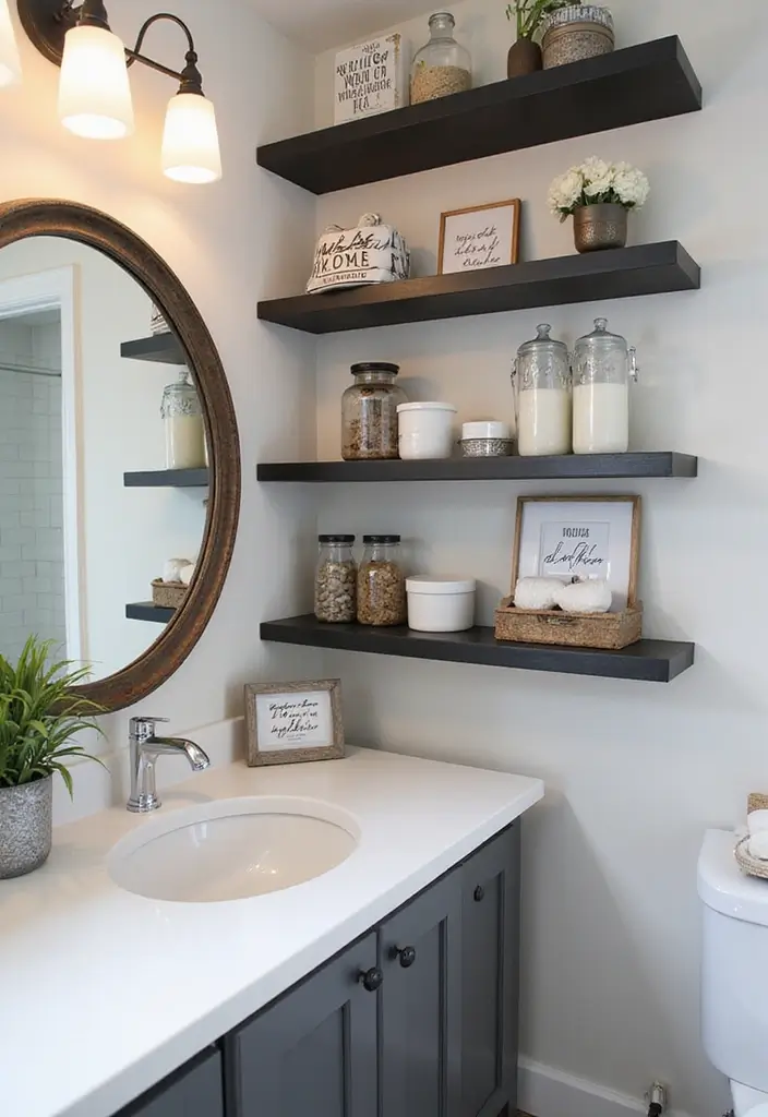 25+ Black Bathroom Ideas for a Bold Statement 17 25+ Black Bathroom Ideas for a Bold Statement - 17. Open Shelving