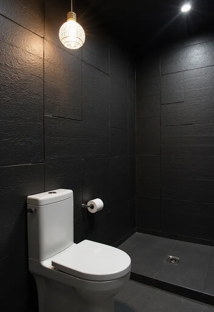 25+ Black Bathroom Ideas for a Bold Statement 19 25+ Black Bathroom Ideas for a Bold Statement - 19. Black Wall Panels