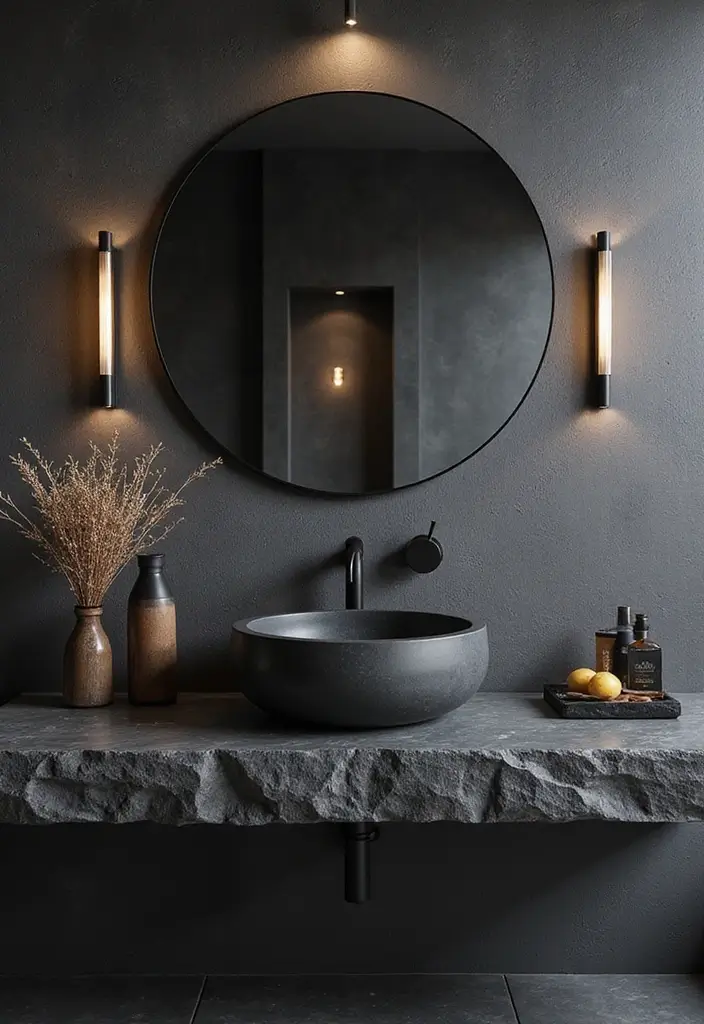 25+ Black Bathroom Ideas for a Bold Statement 21 25+ Black Bathroom Ideas for a Bold Statement - 21. Black Stone Features