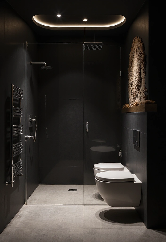 25+ Black Bathroom Ideas for a Bold Statement 22 25+ Black Bathroom Ideas for a Bold Statement - 22. Black Ceiling Treatments