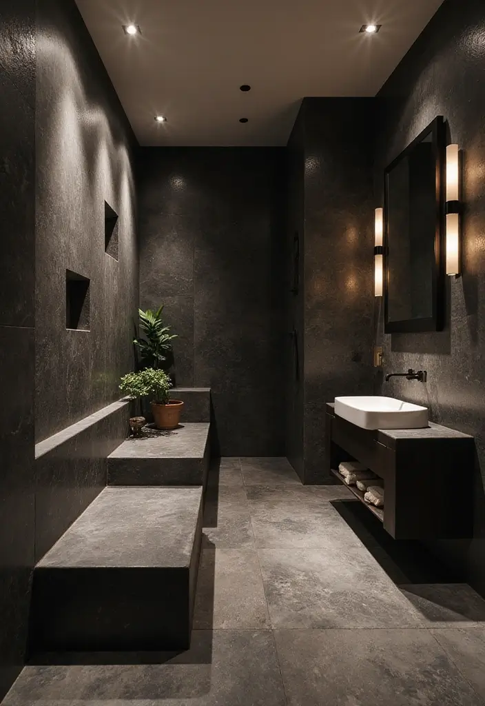 25+ Black Bathroom Ideas for a Bold Statement 24 25+ Black Bathroom Ideas for a Bold Statement - 24. Healing Elements