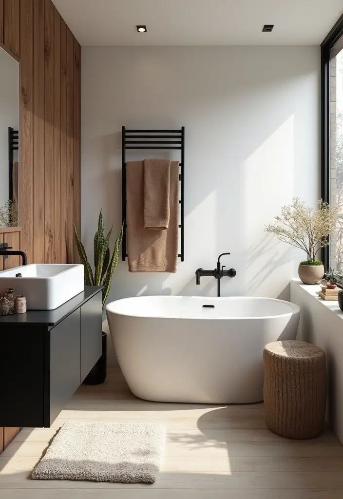 25+ Black Bathroom Ideas for a Bold Statement 4 25+ Black Bathroom Ideas for a Bold Statement - 4. Black Wooden Accents