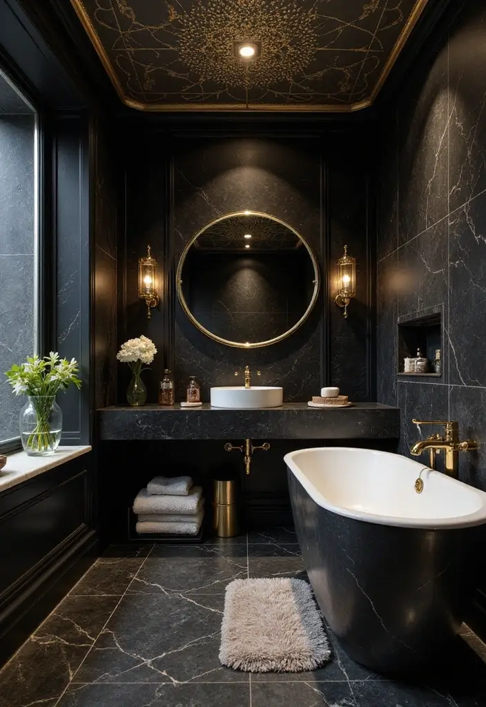 25+ Black Bathroom Ideas for a Bold Statement 5 25+ Black Bathroom Ideas for a Bold Statement - 5. Black and Gold Glam