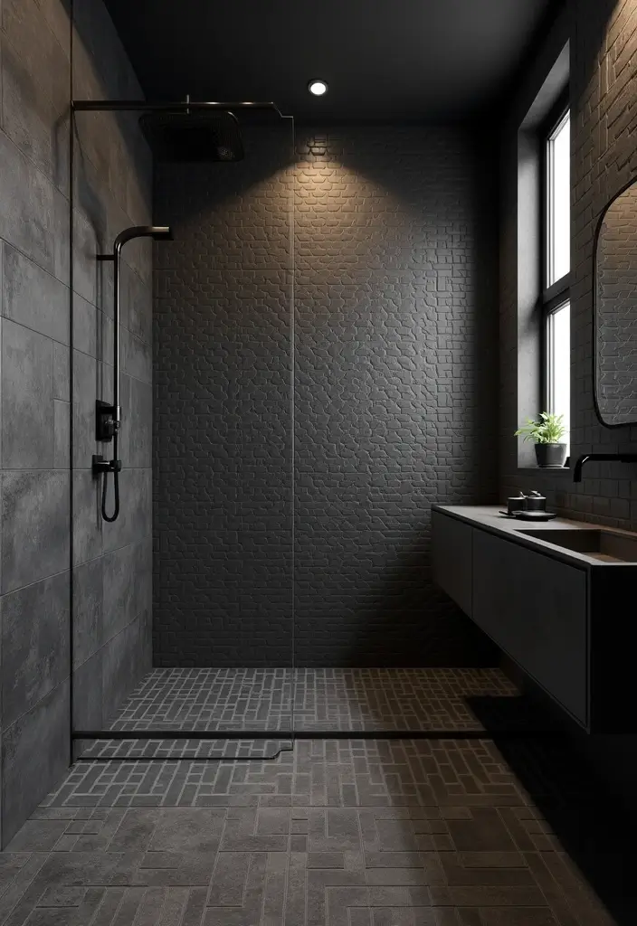 25+ Black Bathroom Ideas for a Bold Statement 7 25+ Black Bathroom Ideas for a Bold Statement - 7. Textured Black Tiles