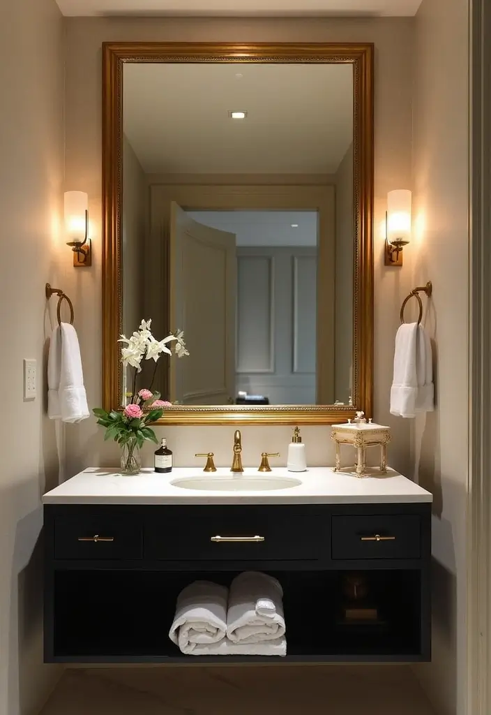 25+ Black and Gold Bathroom Ideas for a Glamorous Touch 10 25+ Black and Gold Bathroom Ideas for a Glamorous Touch - 10. Gold-Trimmed Mirrors