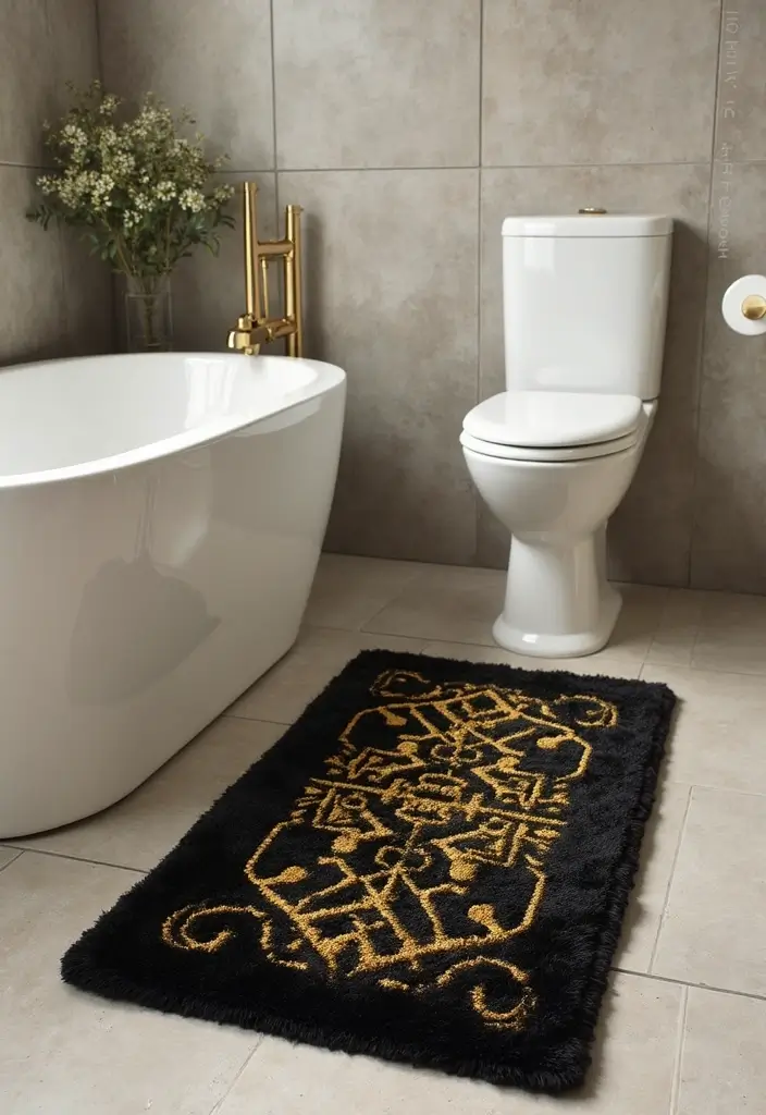 25+ Black and Gold Bathroom Ideas for a Glamorous Touch 12 25+ Black and Gold Bathroom Ideas for a Glamorous Touch - 12. Elegant Bath Mats
