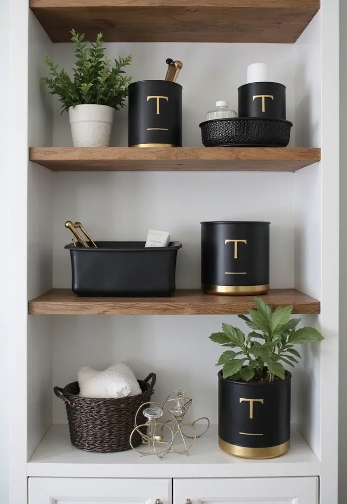 25+ Black and Gold Bathroom Ideas for a Glamorous Touch 14 25+ Black and Gold Bathroom Ideas for a Glamorous Touch - 14. Stylish Storage Solutions