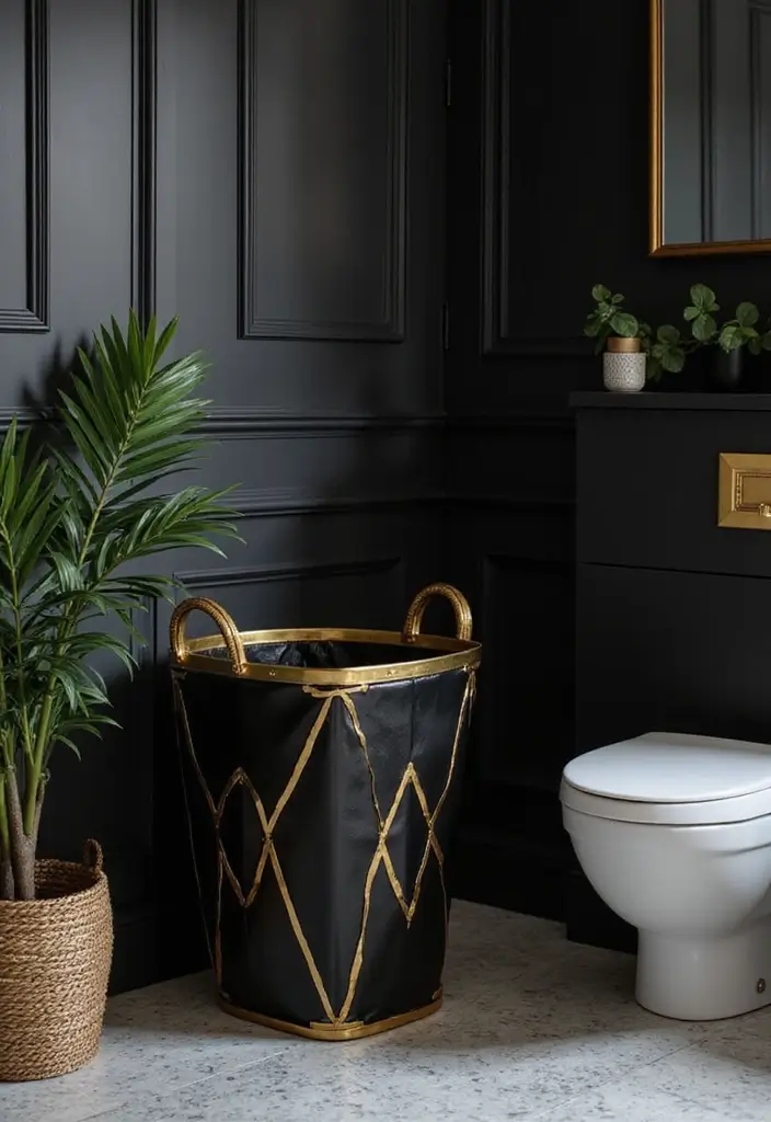 25+ Black and Gold Bathroom Ideas for a Glamorous Touch 19 25+ Black and Gold Bathroom Ideas for a Glamorous Touch - 19. Stylish Laundry Baskets