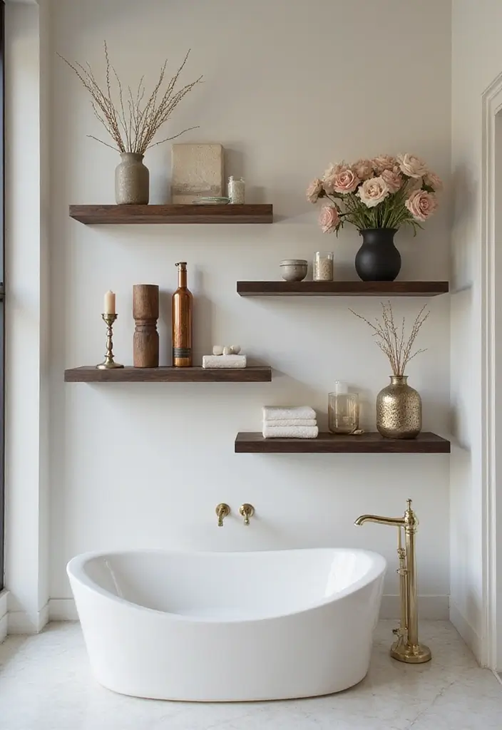 25+ Black and Gold Bathroom Ideas for a Glamorous Touch 21 25+ Black and Gold Bathroom Ideas for a Glamorous Touch - 21. Elegant Wall Shelves