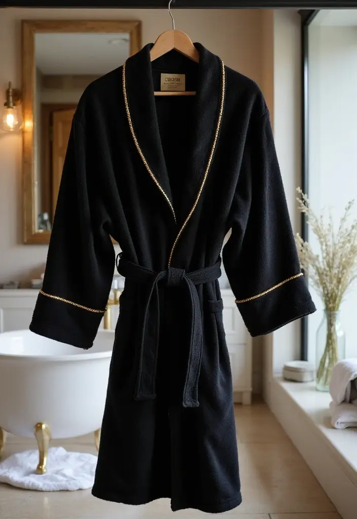 25+ Black and Gold Bathroom Ideas for a Glamorous Touch 25 25+ Black and Gold Bathroom Ideas for a Glamorous Touch - 25. Luxurious Bathrobes