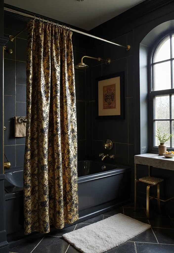 25+ Black and Gold Bathroom Ideas for a Glamorous Touch 8 25+ Black and Gold Bathroom Ideas for a Glamorous Touch - 8. Luxe Shower Curtains