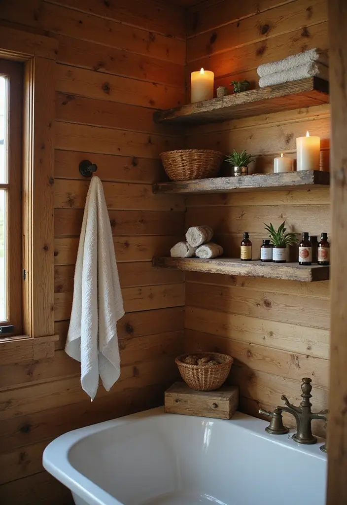 25+ Cabin Bathroom Ideas for a Cozy Rustic Vibe 1 25+ Cabin Bathroom Ideas for a Cozy Rustic Vibe - 1. Reclaimed Wood Shelving