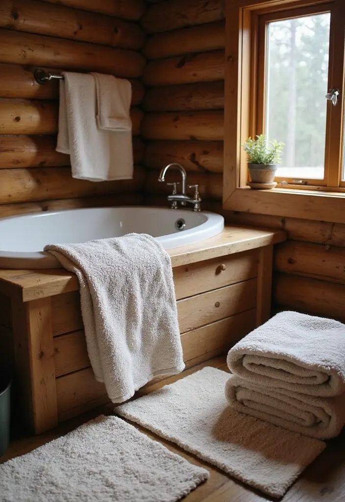 25+ Cabin Bathroom Ideas for a Cozy Rustic Vibe 15 25+ Cabin Bathroom Ideas for a Cozy Rustic Vibe - 15. Cozy Textiles