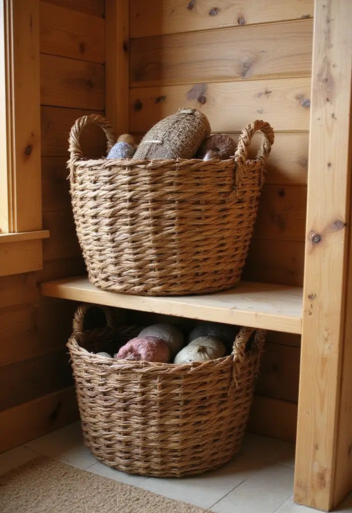 25+ Cabin Bathroom Ideas for a Cozy Rustic Vibe 16 25+ Cabin Bathroom Ideas for a Cozy Rustic Vibe - 16. Rustic Woven Baskets