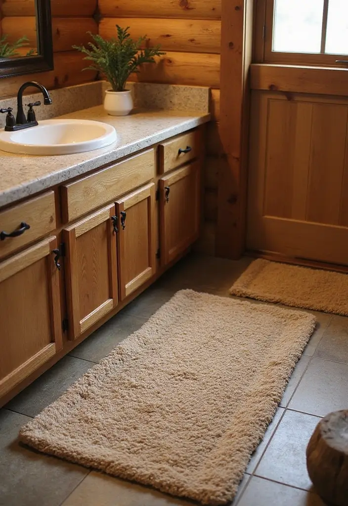 25+ Cabin Bathroom Ideas for a Cozy Rustic Vibe 22 25+ Cabin Bathroom Ideas for a Cozy Rustic Vibe - 22. Rustic Bath Mats