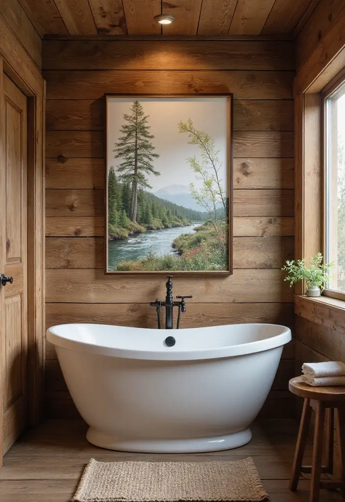 25+ Cabin Bathroom Ideas for a Cozy Rustic Vibe 24 25+ Cabin Bathroom Ideas for a Cozy Rustic Vibe - 24. Rustic Wall Art