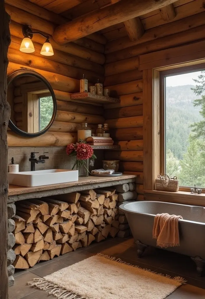 25+ Cabin Bathroom Ideas for a Cozy Rustic Vibe 25 25+ Cabin Bathroom Ideas for a Cozy Rustic Vibe - 25. Cozy Firewood Storage
