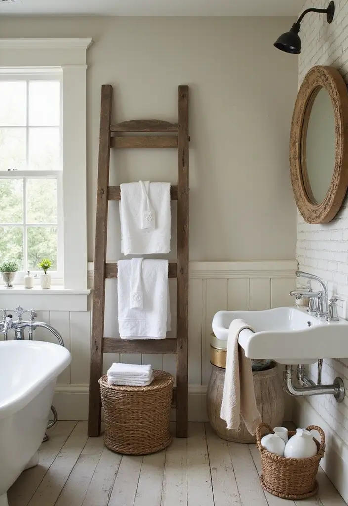 25+ Country Bathroom Ideas for a Rustic Feel 13 25+ Country Bathroom Ideas for a Rustic Feel - 13. Vintage Ladder Storage
