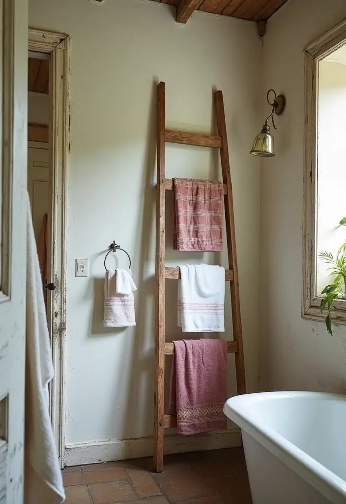 25+ Country Bathroom Ideas for a Rustic Feel 25 25+ Country Bathroom Ideas for a Rustic Feel - 25. Vintage Ladder Towel Hanger