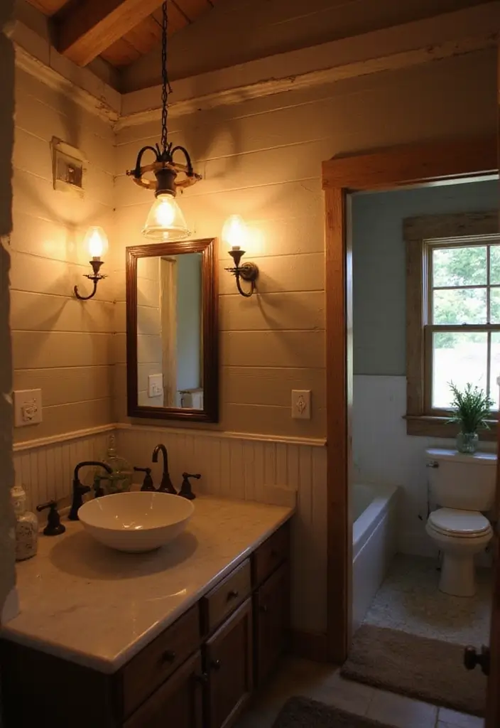 25+ Country Bathroom Ideas for a Rustic Feel 5 25+ Country Bathroom Ideas for a Rustic Feel - 5. Farmhouse Lighting Fixtures