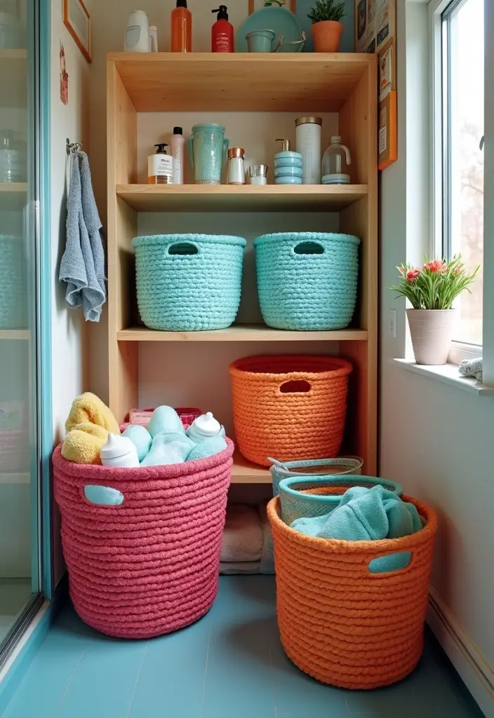 25+ Dorm Bathroom Ideas Every Student Will Love - 4. Fun and Functional Storage Baskets