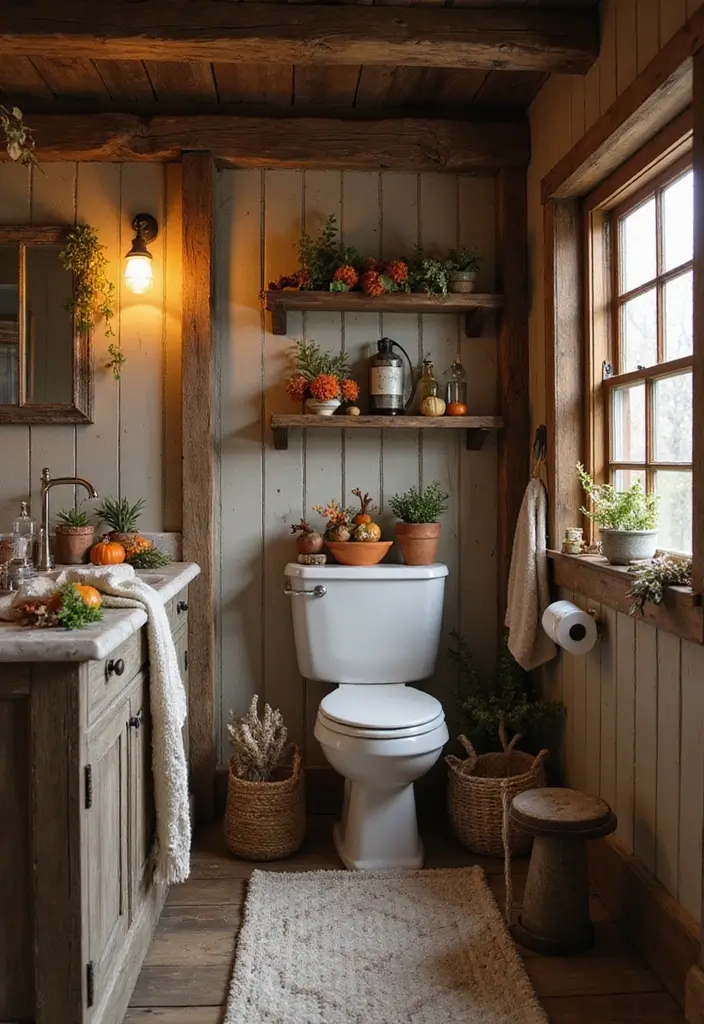 25+ Outhouse Bathroom Ideas with Rustic Charm 19 25+ Outhouse Bathroom Ideas with Rustic Charm - 19. Seasonal Decor Elements