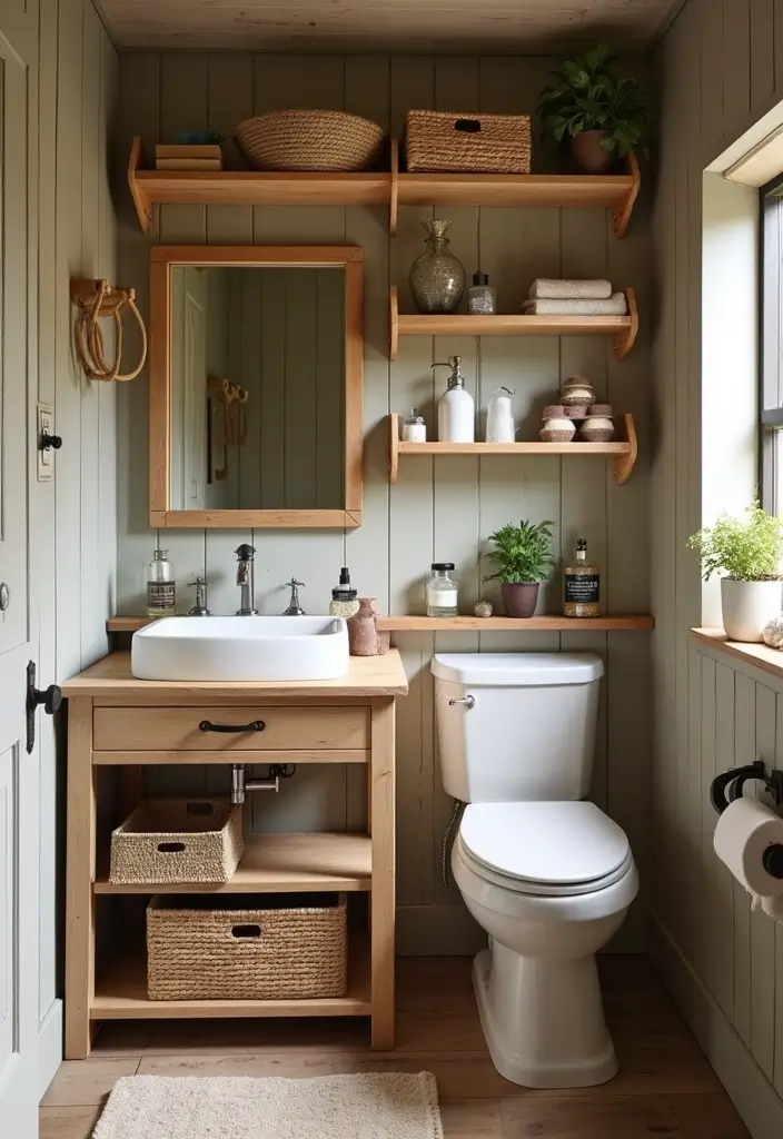 25+ Outhouse Bathroom Ideas with Rustic Charm 20 25+ Outhouse Bathroom Ideas with Rustic Charm - 20. Creative Storage Solutions