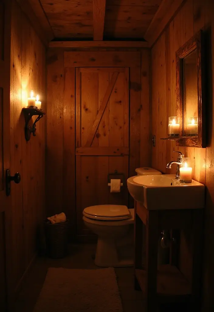 25+ Outhouse Bathroom Ideas with Rustic Charm 23 25+ Outhouse Bathroom Ideas with Rustic Charm - 23. Candlelit Ambiance