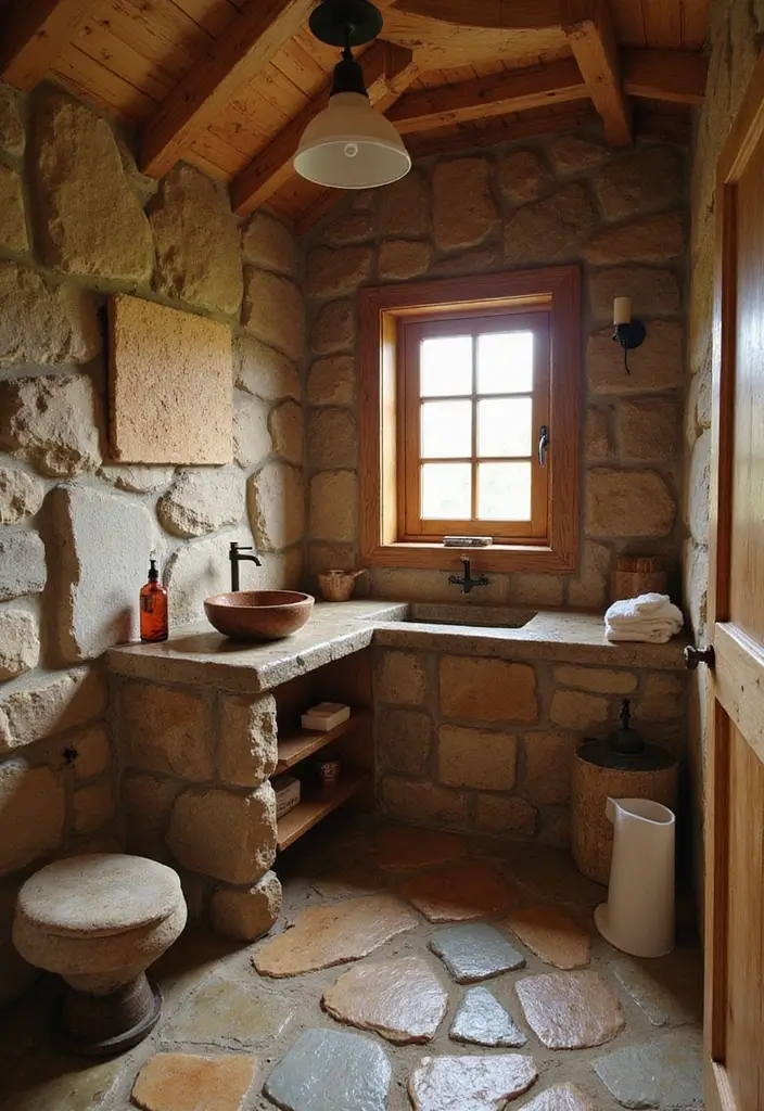 25+ Outhouse Bathroom Ideas with Rustic Charm 6 25+ Outhouse Bathroom Ideas with Rustic Charm - 6. Natural Stone Accents