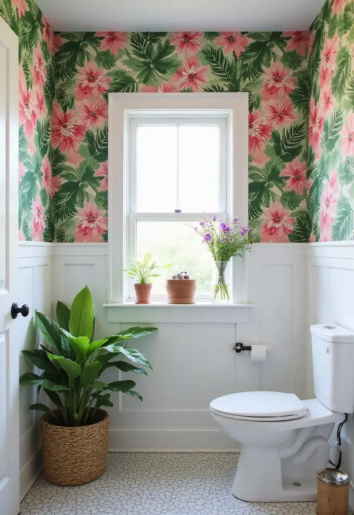 25+ Pink and Green Bathroom Ideas That Pop - 1. Tropical Floral Wallpaper