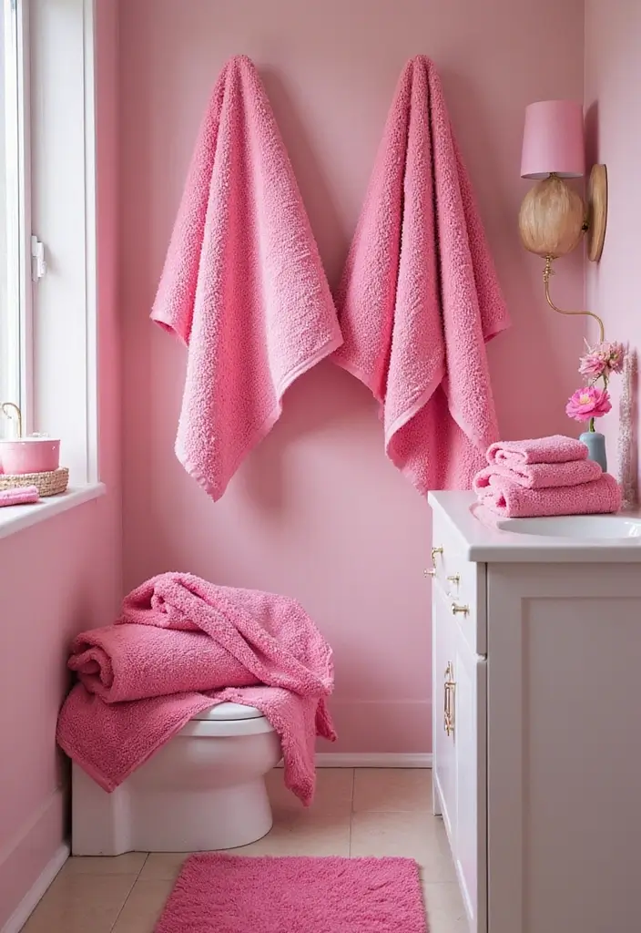 25+ Pink and Green Bathroom Ideas That Pop - 10. Bright Pink Towels and Accessories