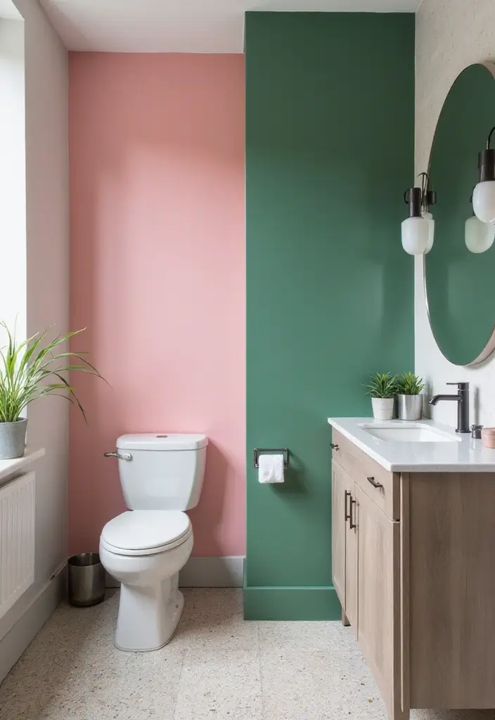 25+ Pink and Green Bathroom Ideas That Pop - 13. Green and Pink Accent Walls