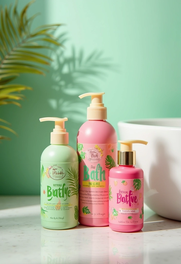 25+ Pink and Green Bathroom Ideas That Pop - 15. Tropical-Inspired Bath Products