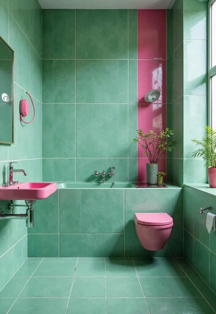25+ Pink and Green Bathroom Ideas That Pop - 3. Green Tiles with Pink Accents