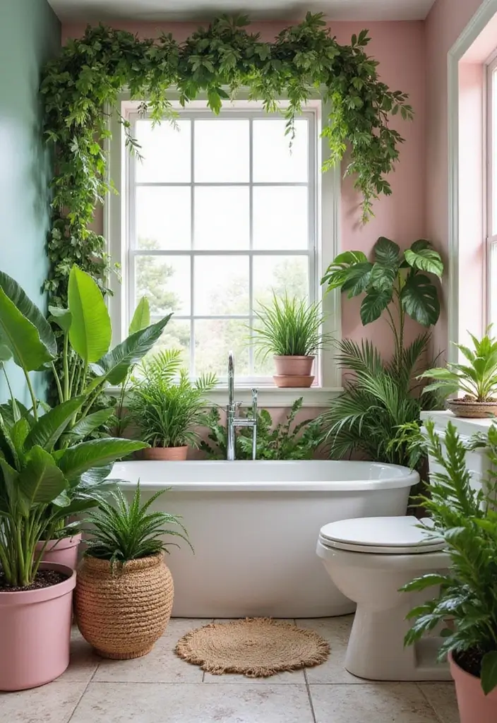 25+ Pink and Green Bathroom Ideas That Pop - 5. Green Plants for a Tropical Feel
